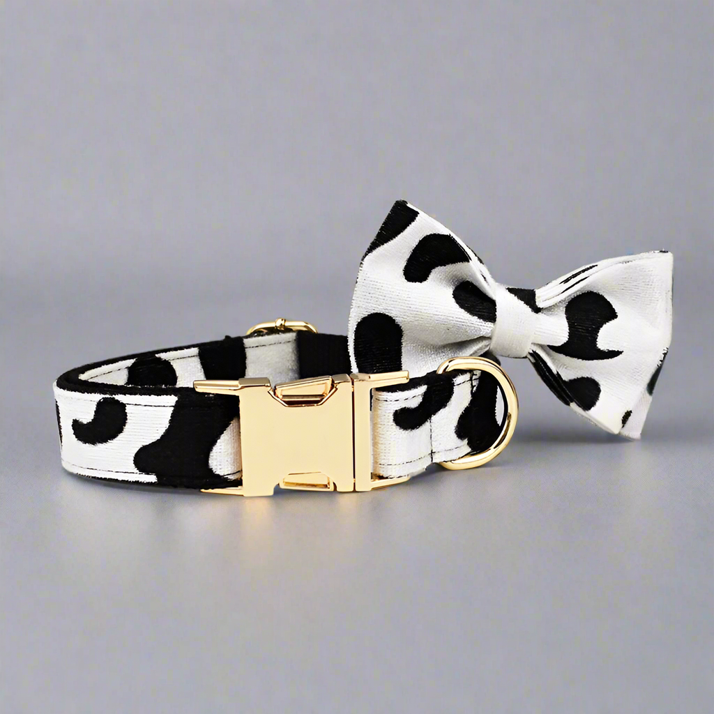 Cow Print Personalised Dog Harness 5PC Set – Collar, Lead, Bow, Poop Bag & More
