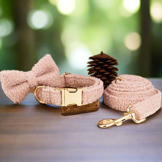 Teddy fleece personalised dog collar with lead and detachable bow tie, soft polyester blend, customizable for pets.