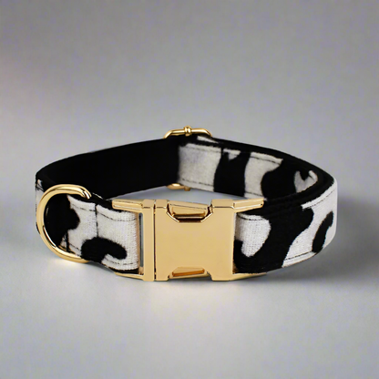 Cow Print Personalised Dog Harness 5PC Set – Collar, Lead, Bow, Poop Bag & More