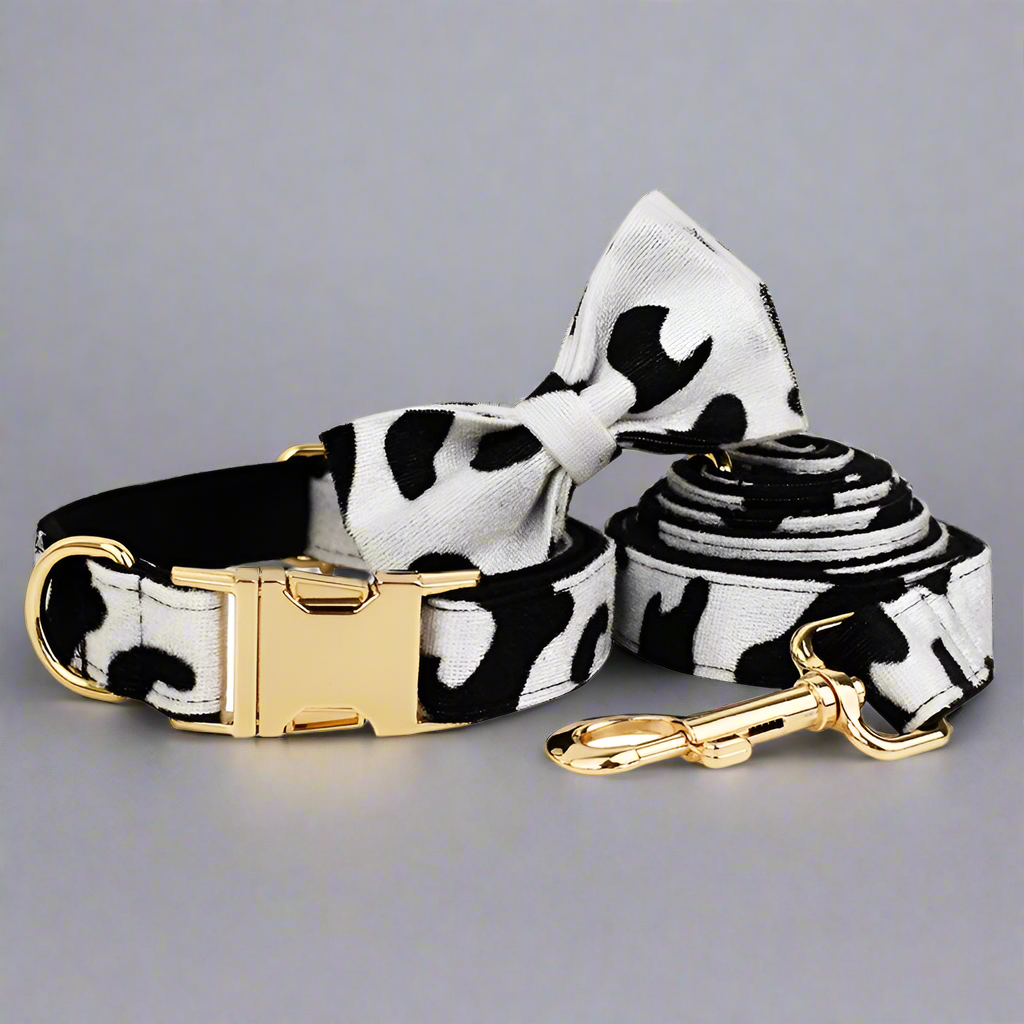 Cow Print Personalised Dog Harness 5PC Set – Collar, Lead, Bow, Poop Bag & More