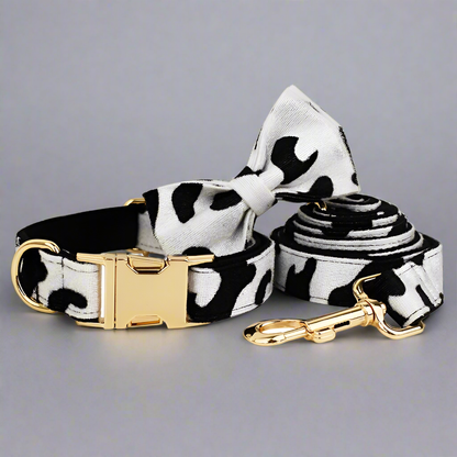 Cow Print Personalised Dog Harness 5PC Set – Collar, Lead, Bow, Poop Bag & More