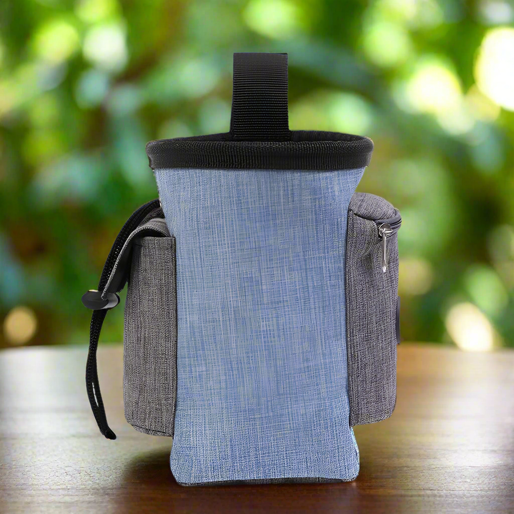 Versatile Treat Pouch for dog training, featuring spacious compartments and durable linen, in blue.
