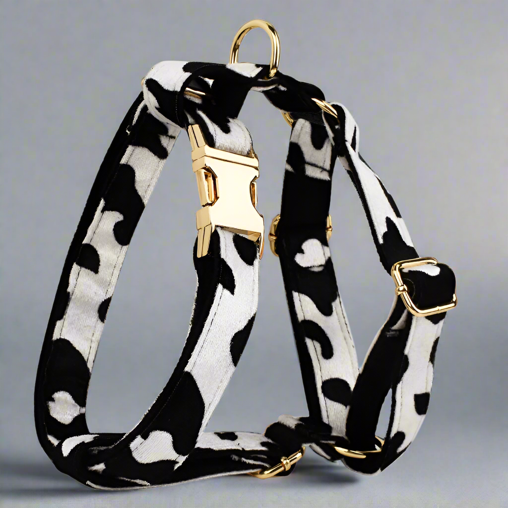 Cow Print Personalised Dog Harness 5PC Set – Collar, Lead, Bow, Poop Bag & More