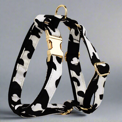 Cow Print Personalised Dog Harness 5PC Set – Collar, Lead, Bow, Poop Bag & More