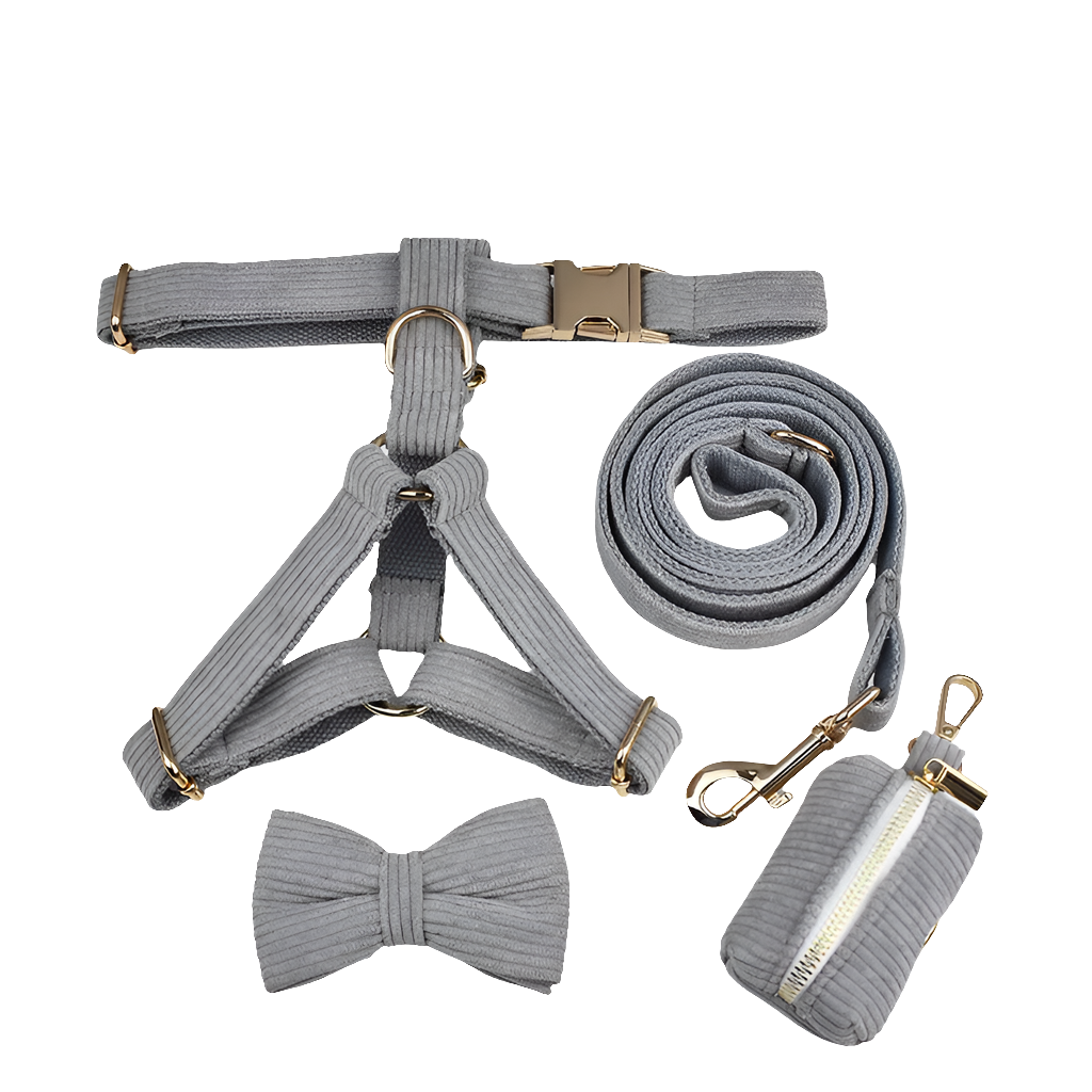 Light grey corduroy pet accessories set with harness, leash, bowtie, and pouch in luxurious fabric.