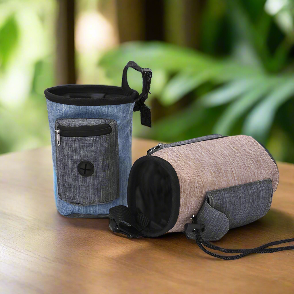 Versatile Treat Pouch in blue and brown, ideal for dog training essentials with spacious compartments and secure closures.