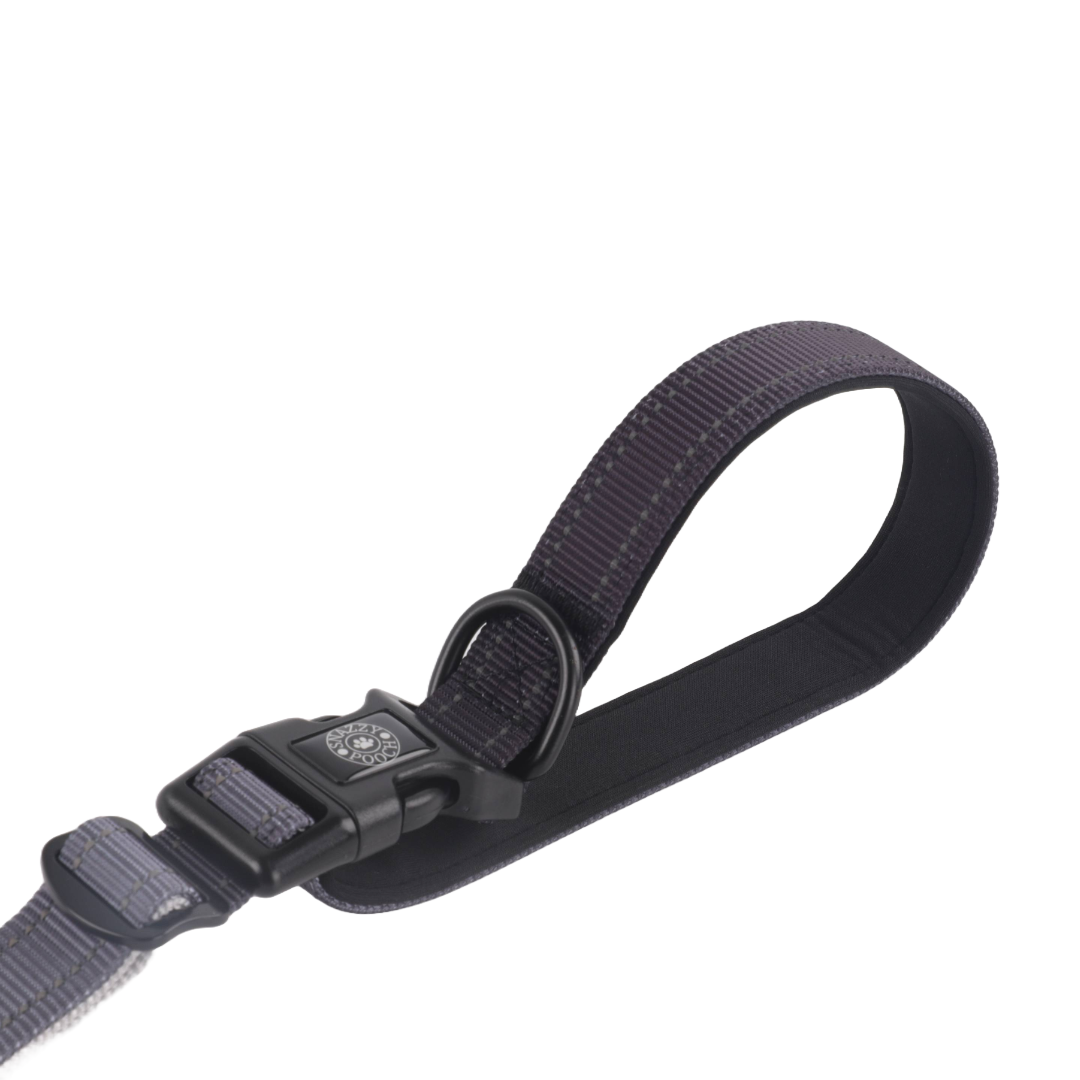 Close-up of grey and black dog lead with adjustable handle.