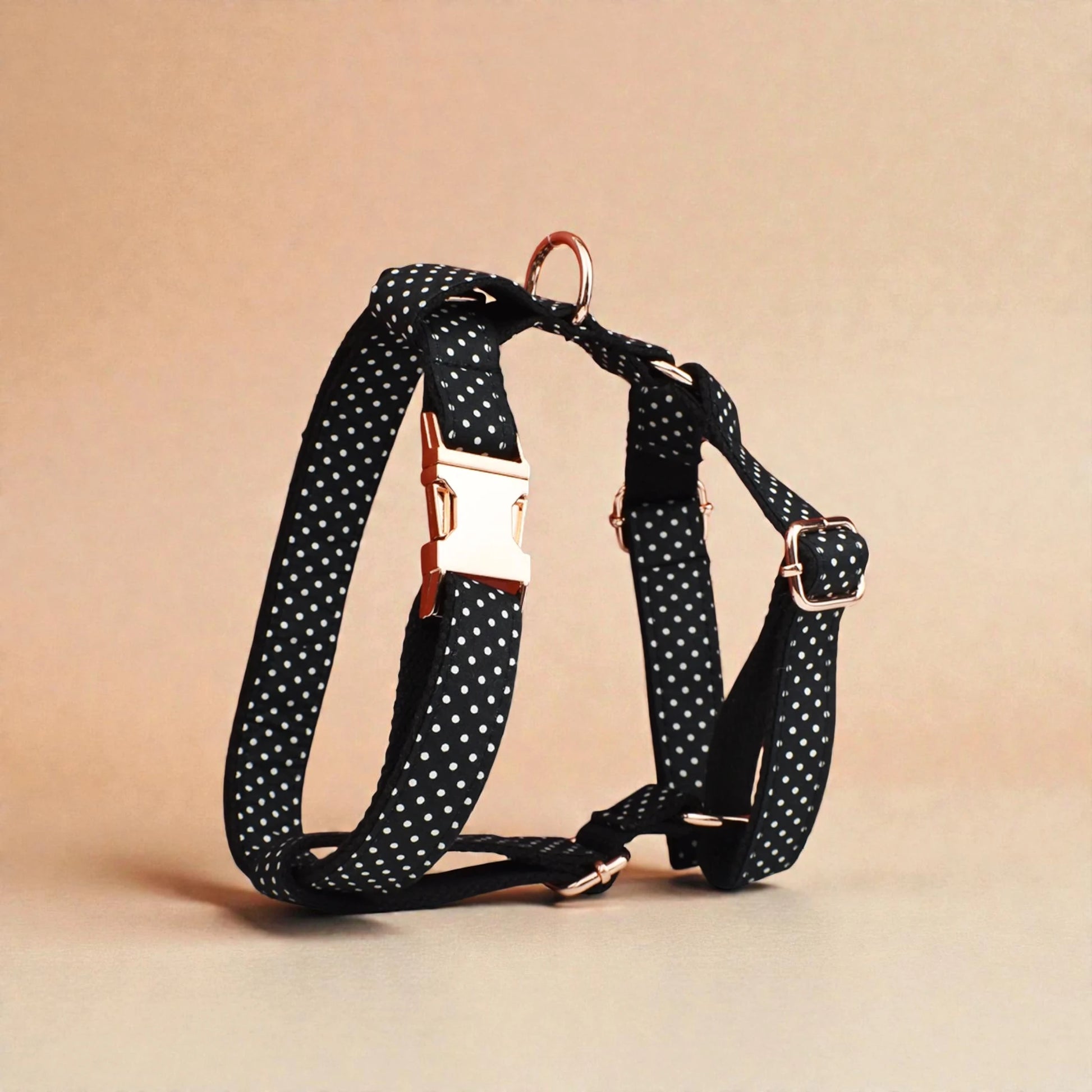 Black polka dot dog harness with gold hardware on a beige background