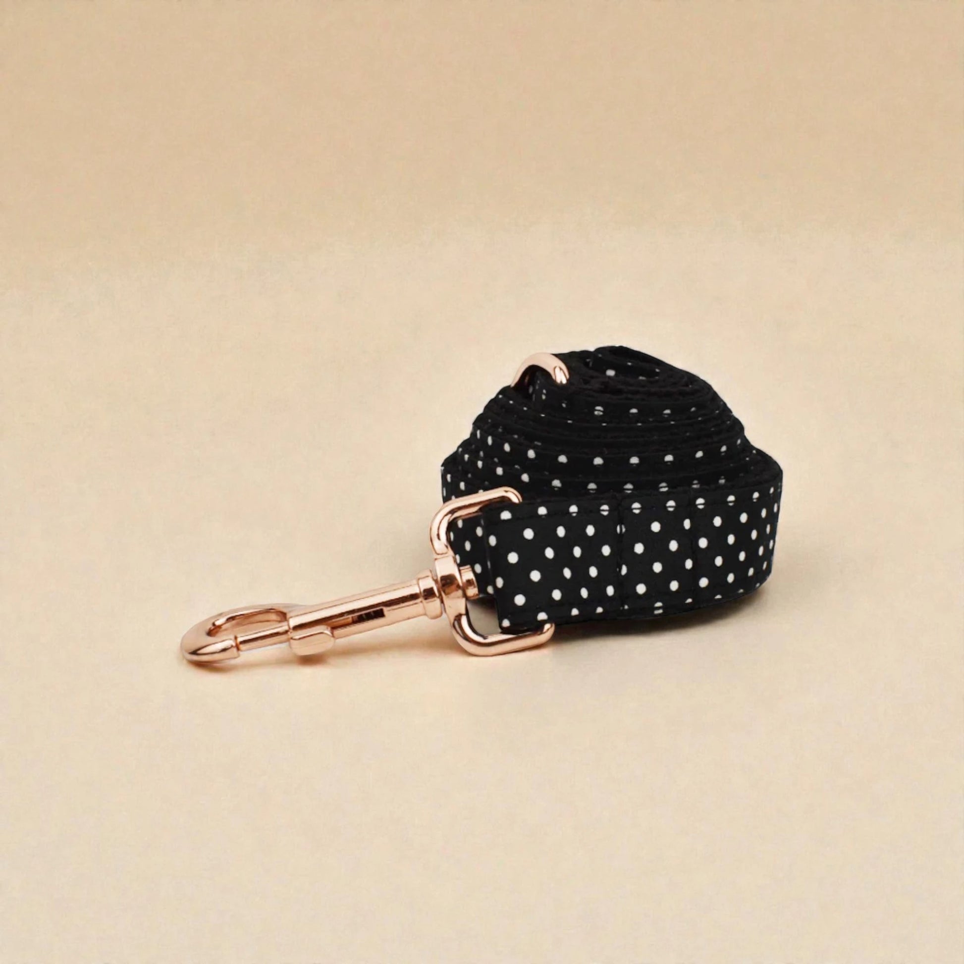 Black polka dot dog lead with gold clip on beige background