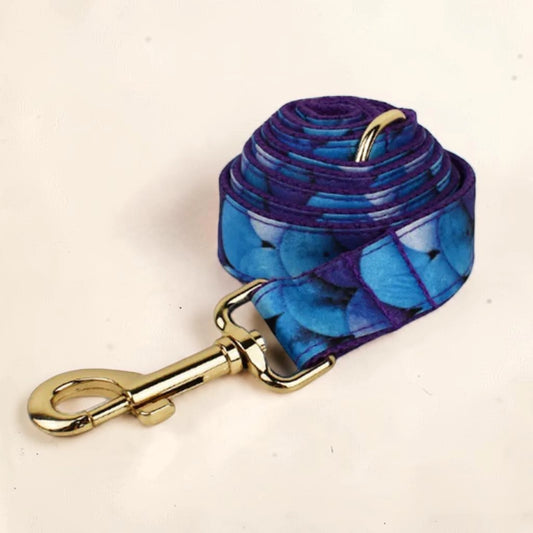 Blue bloom dog lead with gold clip.