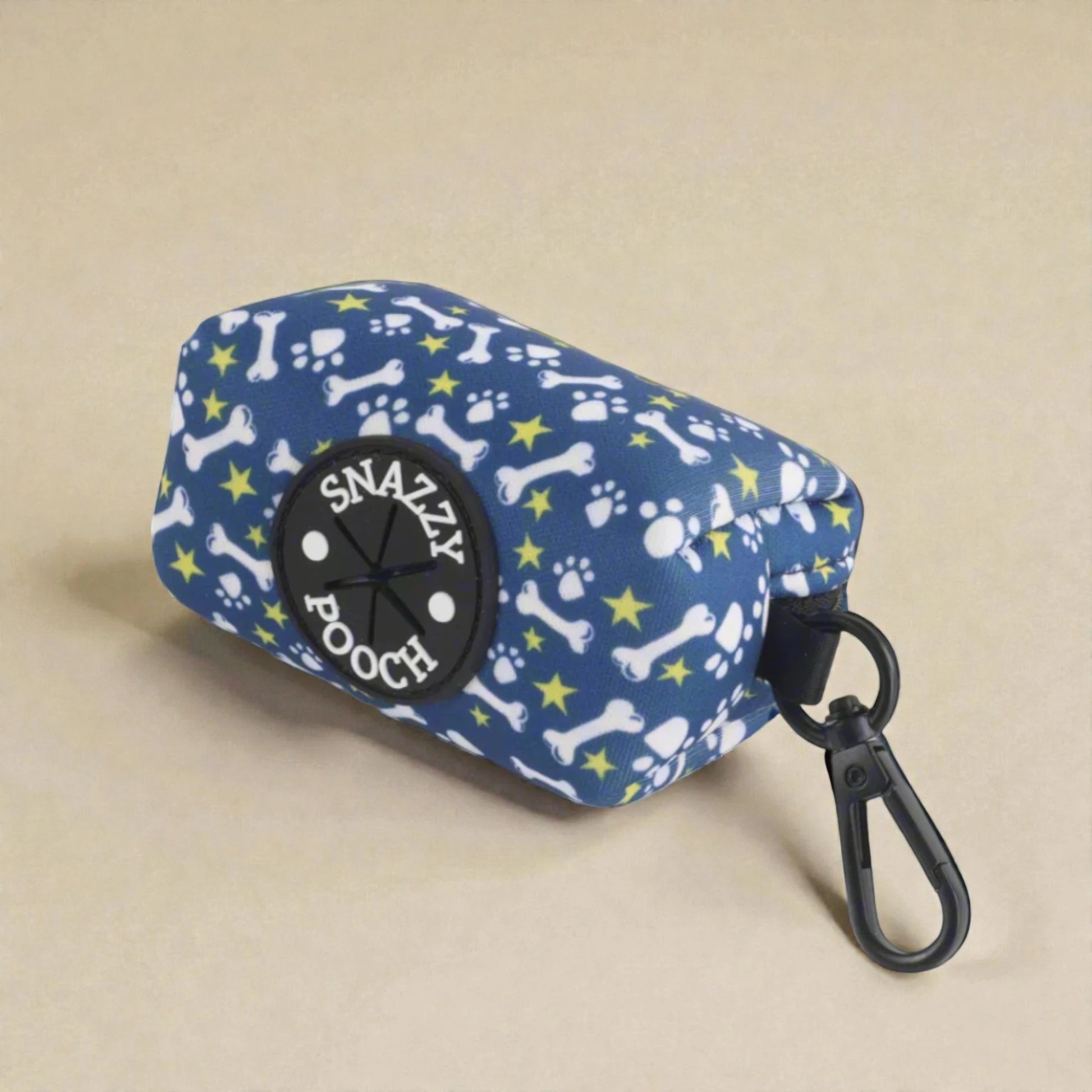 blue bones patterned dog poop bag holder with clip