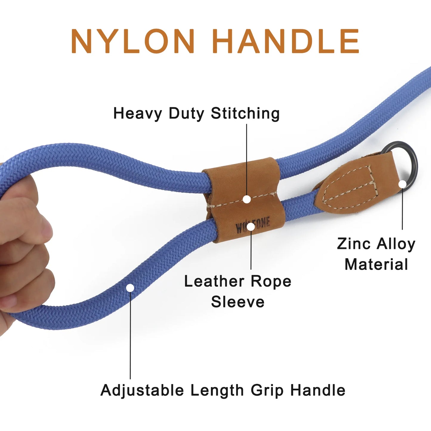 Blue nylon handle with leather sleeve held by a hand, labeled with features.