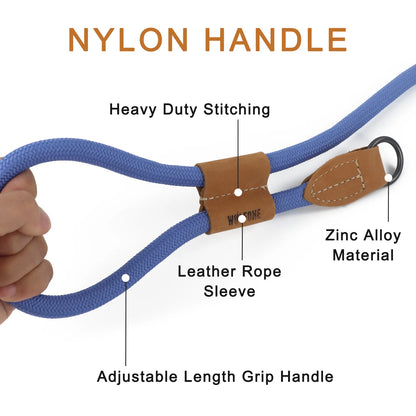 Blue nylon handle with leather sleeve held by a hand, labeled with features.