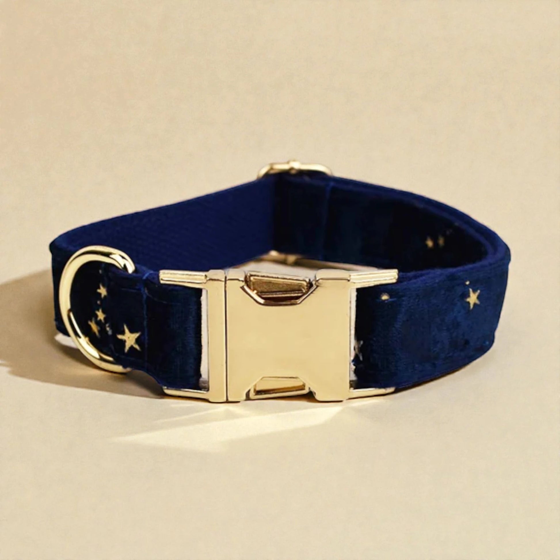 Navy blue velvet dog collar with gold hardware on a beige background