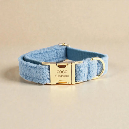 Blue dog collar with gold hardware on a beige background
