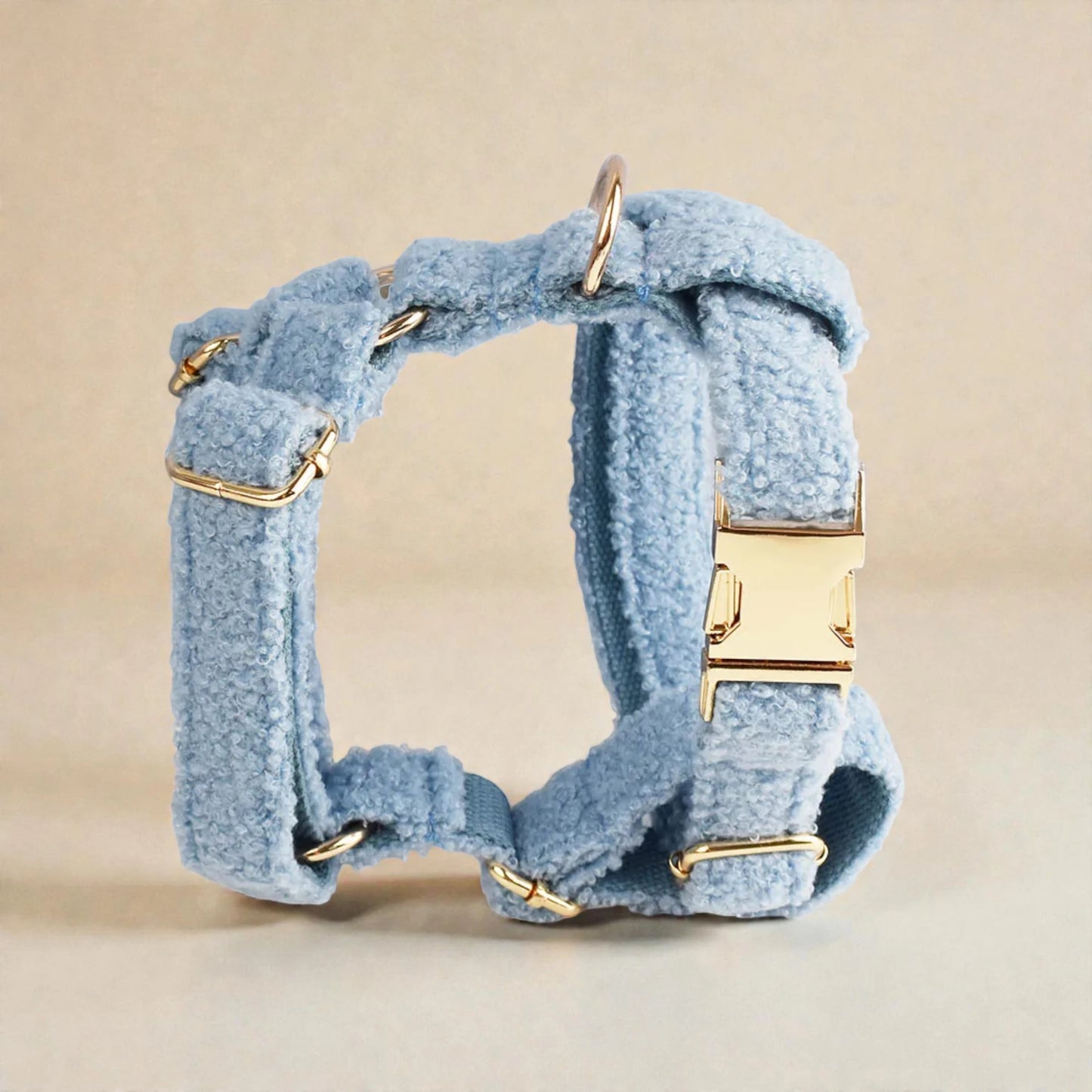 Blue dog harness with gold hardware on a beige background