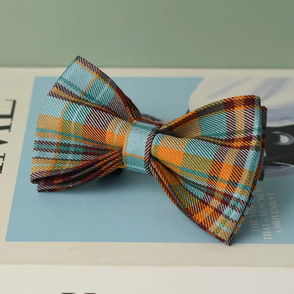 Handmade tartan bow tie, luxury pet accessory, Heather Green, custom engravable.