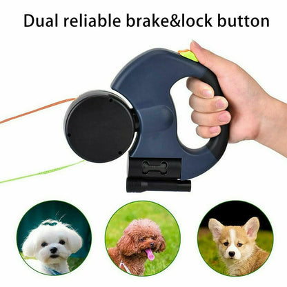 Dog lead handle with dual brake and lock button, held by a hand, with images of dogs at the bottom.