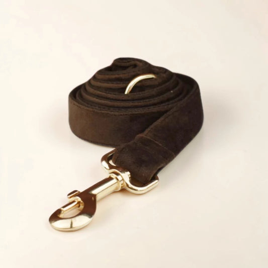 Brown velvet dog lead with gold clip on a beige background