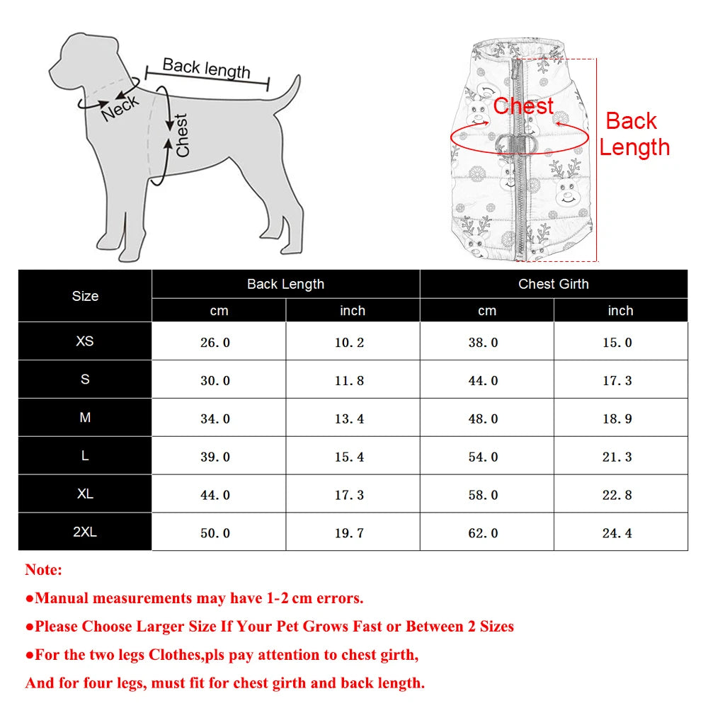 Dog coat size chart with measurements for back length, chest girth, and chest circumference.
