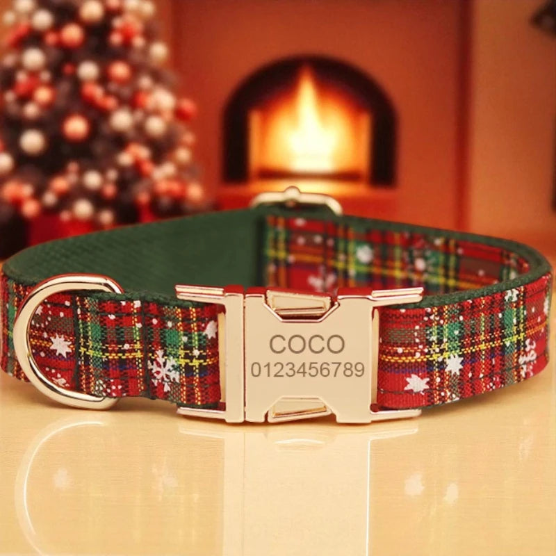 Christmas-themed dog collar with a gold tag in front of a festive background