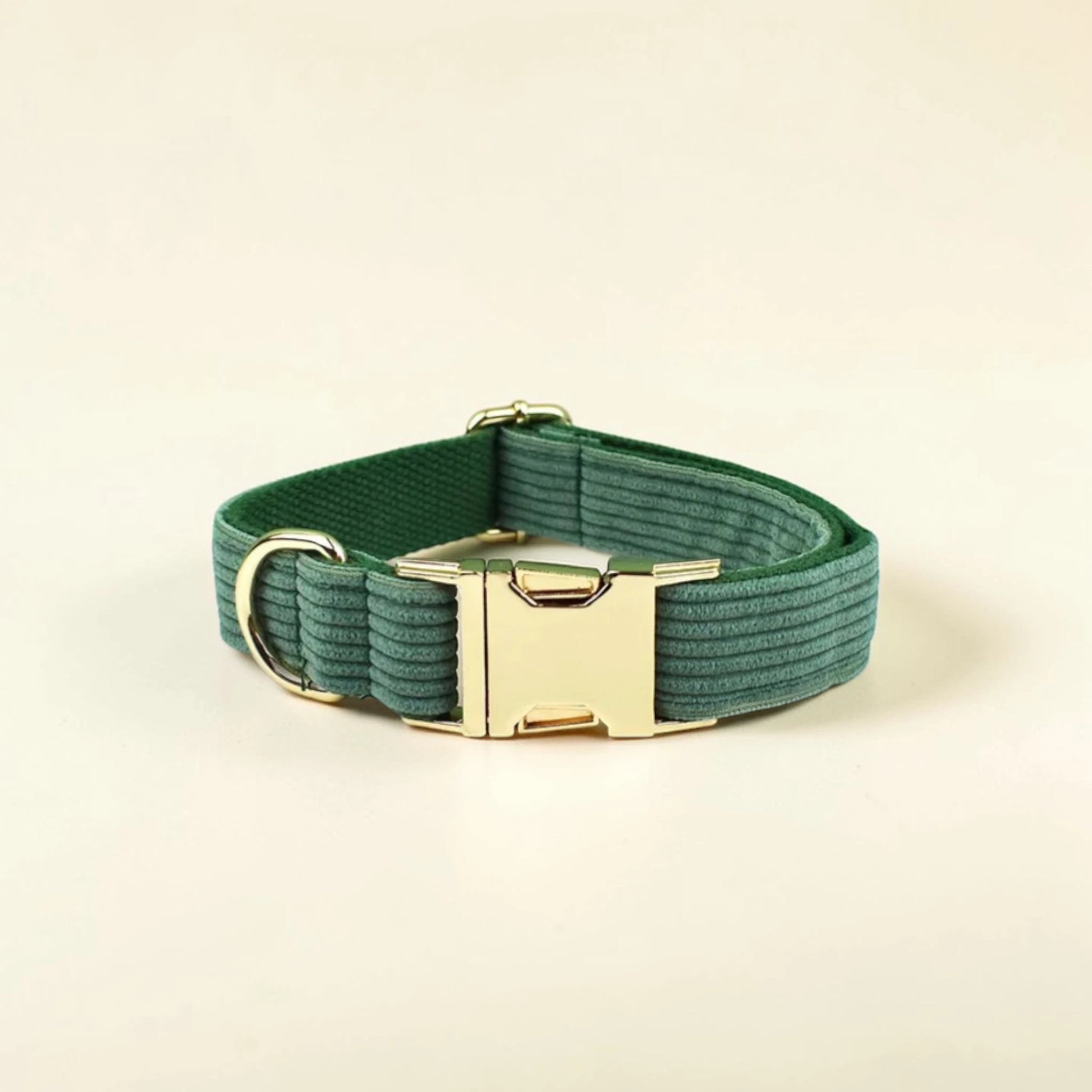 Green dog collar with a gold buckle on a beige background