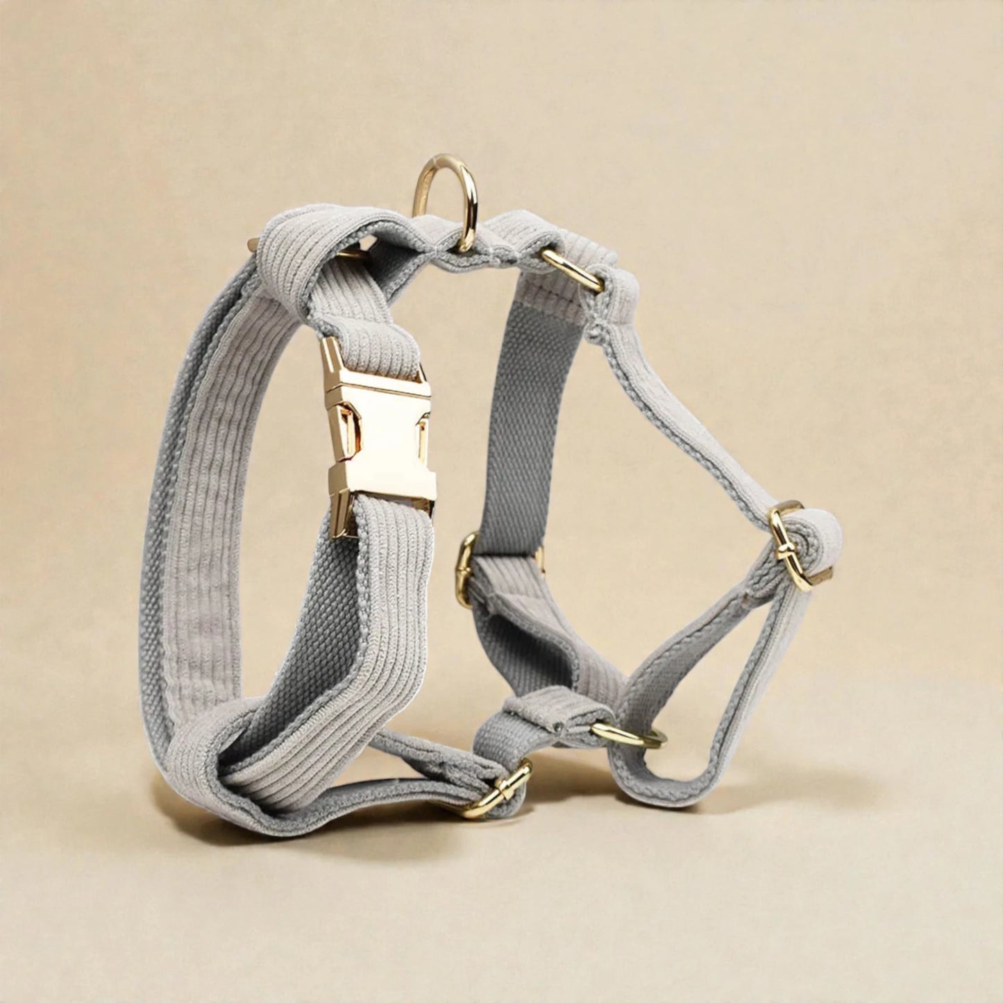 Grey dog harness with gold hardware on a beige background