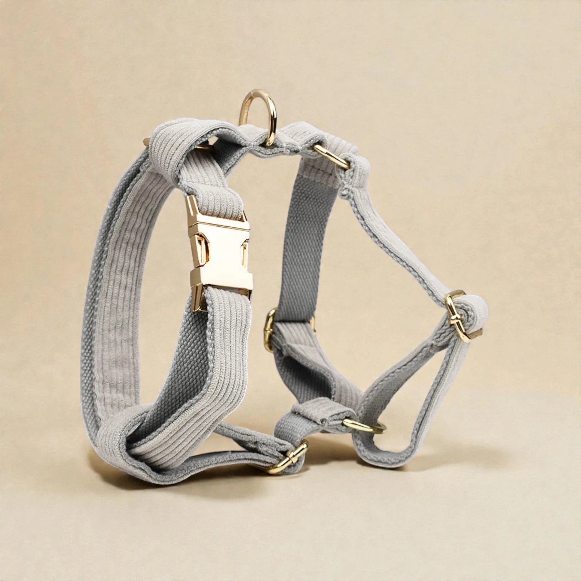 Grey dog harness with gold hardware on a beige background