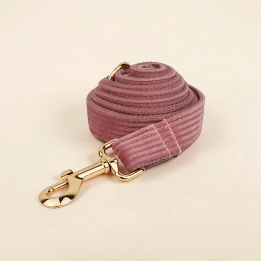 Powder pink corduroy dog lead with a gold clip