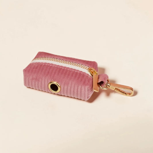 Powder pink corduroy dog poop bag holder with a gold clip