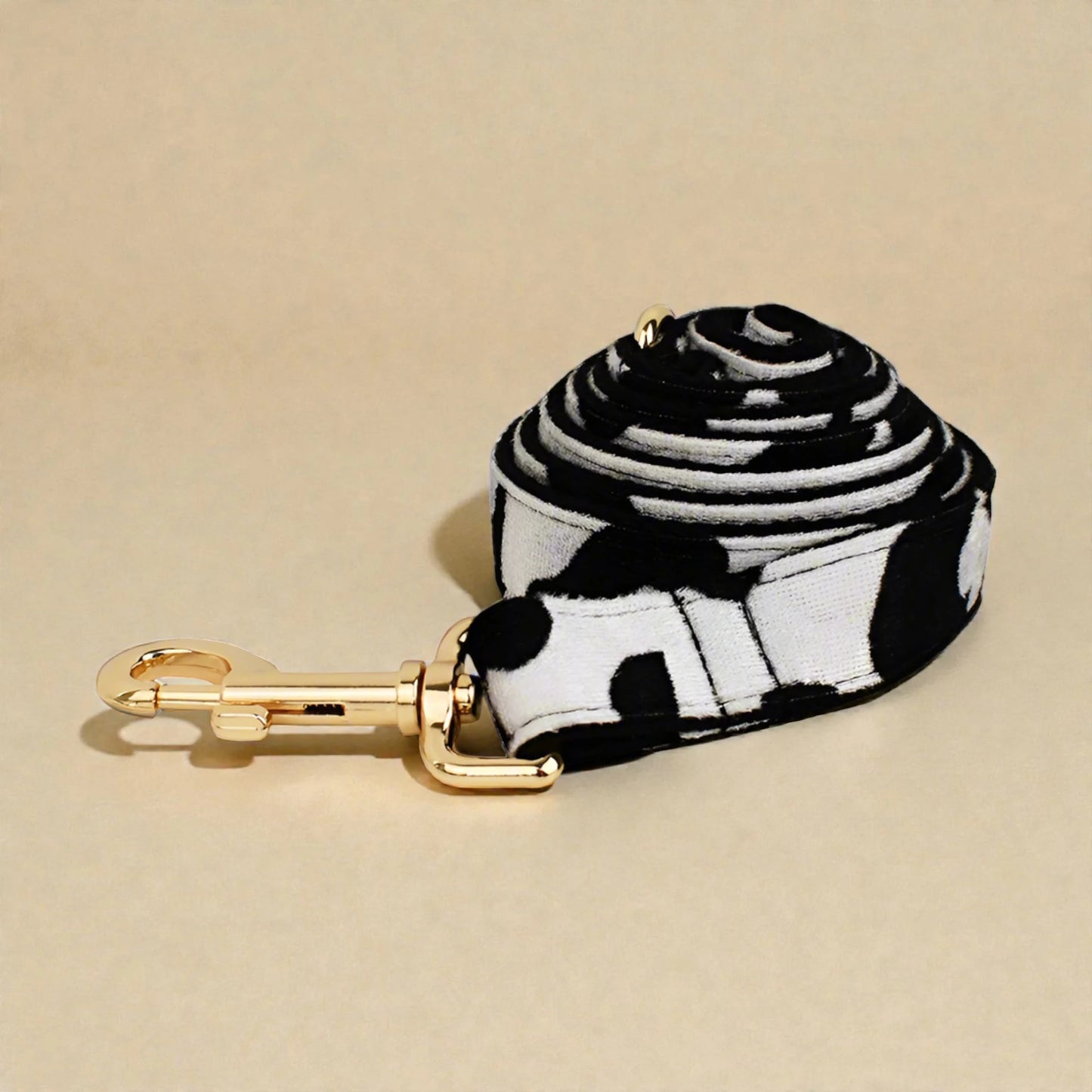 Black and white patterned dog lead with gold clip on beige background