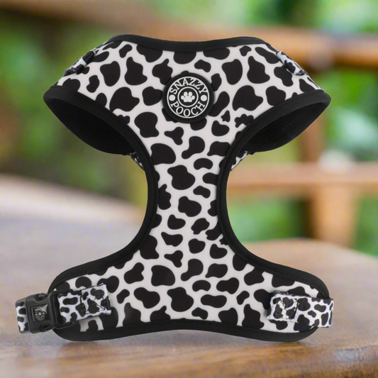 padded backclip dog harness in cow print