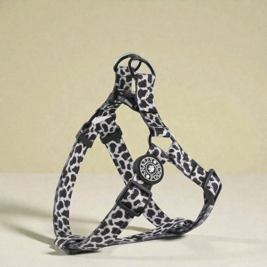 Cow print dog harness on a beige background