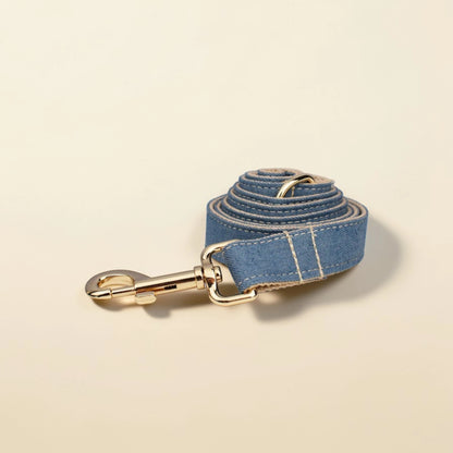 Denim tan dog lead with gold hardware on a beige background