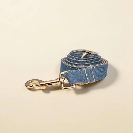 Denim tan dog lead with gold hardware on a beige background