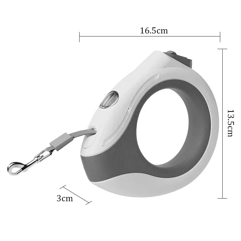 Retractable dog lead with measurements on a white background