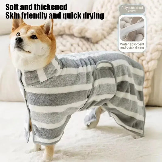 Medium to large dog wearing a grey and white striped fleece drying robe made from polyester coral velvet.