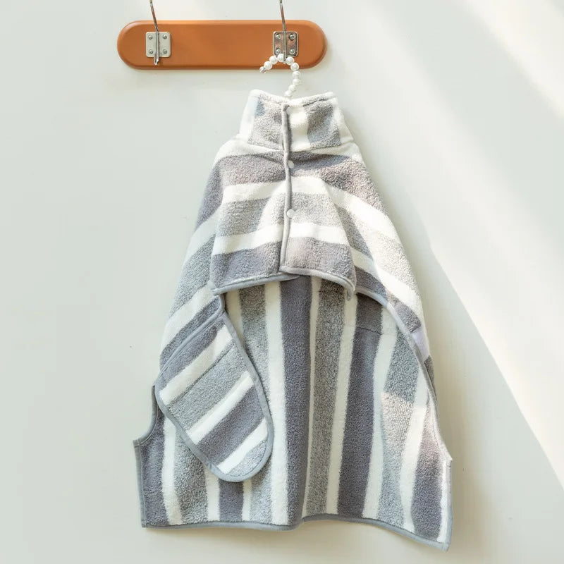 Cozy fleece drying robe with grey and white stripes for medium to large dogs.