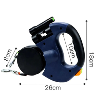 Retractable dog lead with measurements on a white background