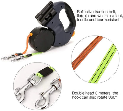Retractable dog lead with reflective features and detailed specifications on a white background