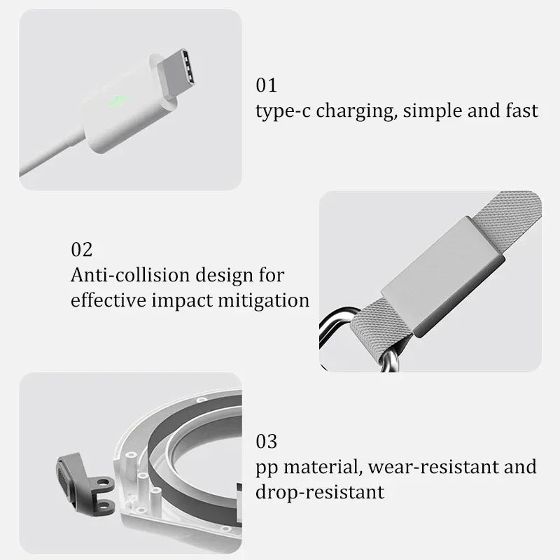 Product features with text on type-c charging, anti-collision design, and wear-resistant material.