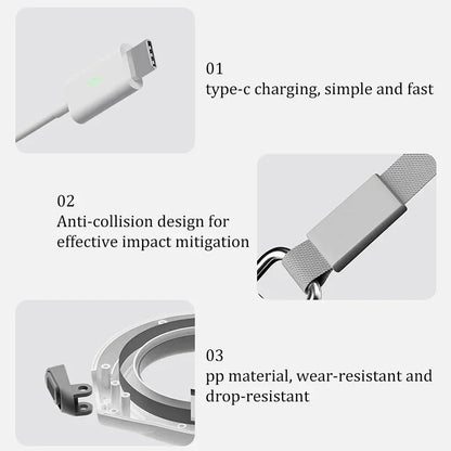 Product features with text on type-c charging, anti-collision design, and wear-resistant material.
