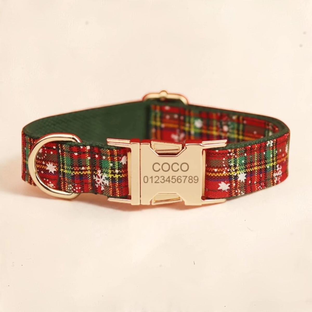 Festive heritage personalised dog collar with gold buckle.