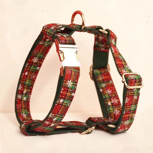 Festive heritage personalised dog harness with gold buckle.