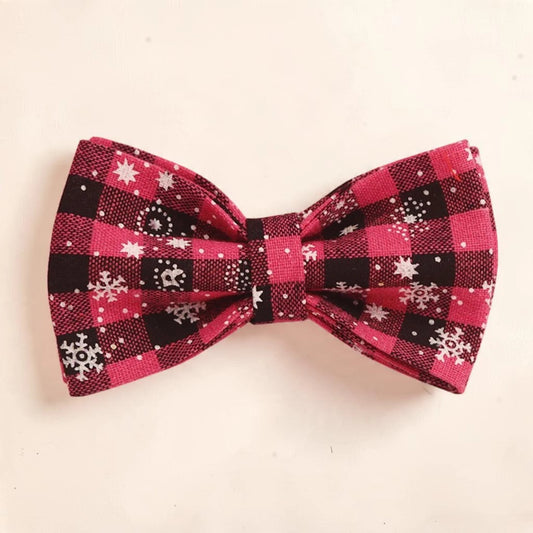 Pink check detachable Christmas dog bow tie.