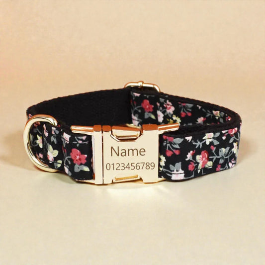 Floral-patterned dog collar with a gold buckle on a beige background