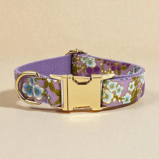 Floral-patterned dog collar with a gold buckle on a beige background