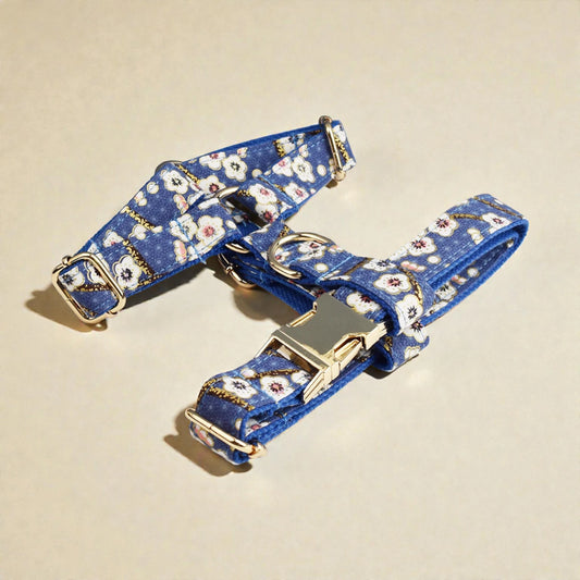 Blue floral-patterned dog collar on a beige background