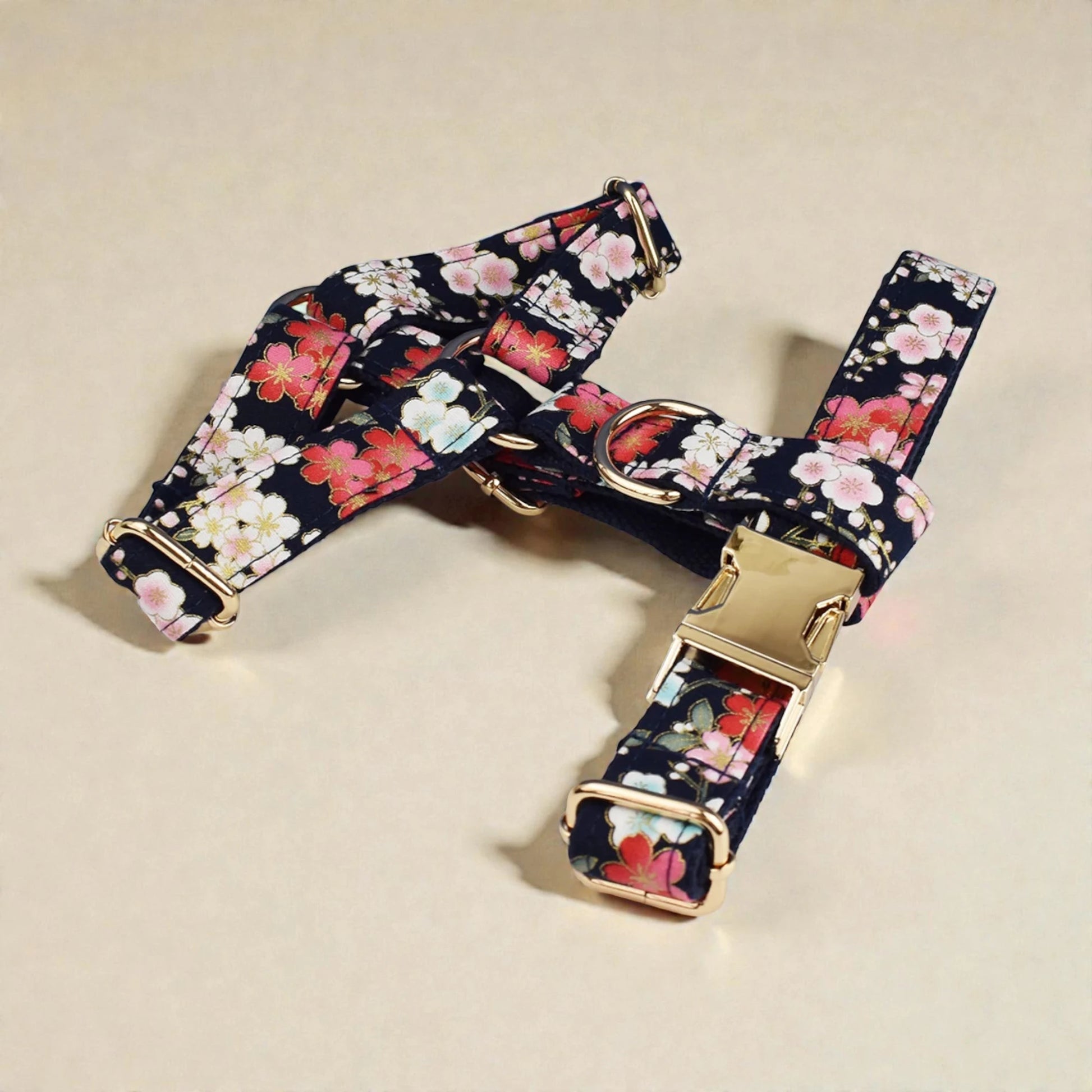 Floral-patterned dog harness on a beige background