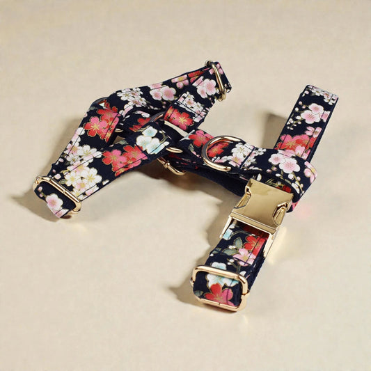 Floral-patterned dog harness on a beige background